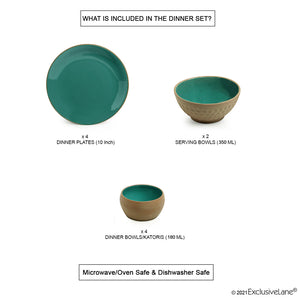 'Earthen Turquoise' Hand Glazed Dinner Plates With Serving Bowls & Katoris In Ceramic (10 Pieces, Serving for 4, Microwave Safe)