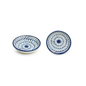 'Indigo Chevron' Handpainted Ceramic Chutney Bowls (Set of 2, 25 ML, Microwave Safe)