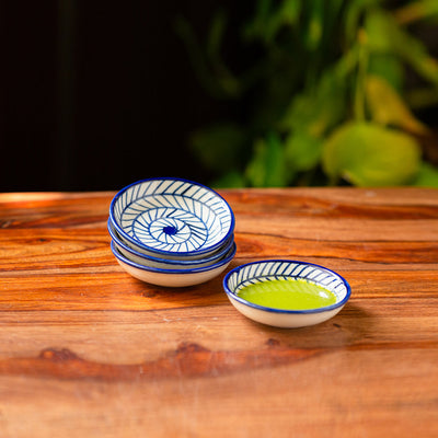 Blue - 'Indigo Chevron' Handpainted Ceramic Chutney Bowls (Set of 4, 25 ML, Microwave Safe)