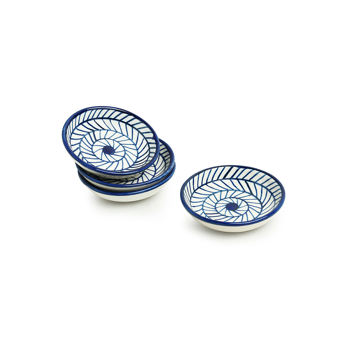 Blue - 'Indigo Chevron' Handpainted Ceramic Chutney Bowls (Set of 4, 25 ML, Microwave Safe)