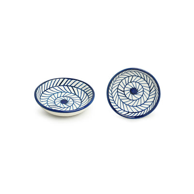 Blue - 'Indigo Chevron' Handpainted Ceramic Chutney Bowls (Set of 4, 25 ML, Microwave Safe)