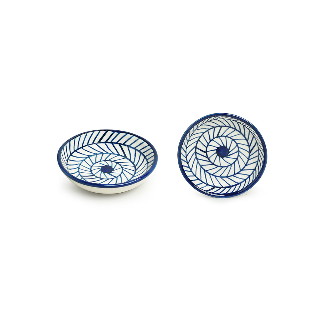 Blue - 'Indigo Chevron' Handpainted Ceramic Chutney Bowls (Set of 4, 25 ML, Microwave Safe)