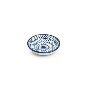 Blue - 'Indigo Chevron' Handpainted Ceramic Chutney Bowls (Set of 4, 25 ML, Microwave Safe)
