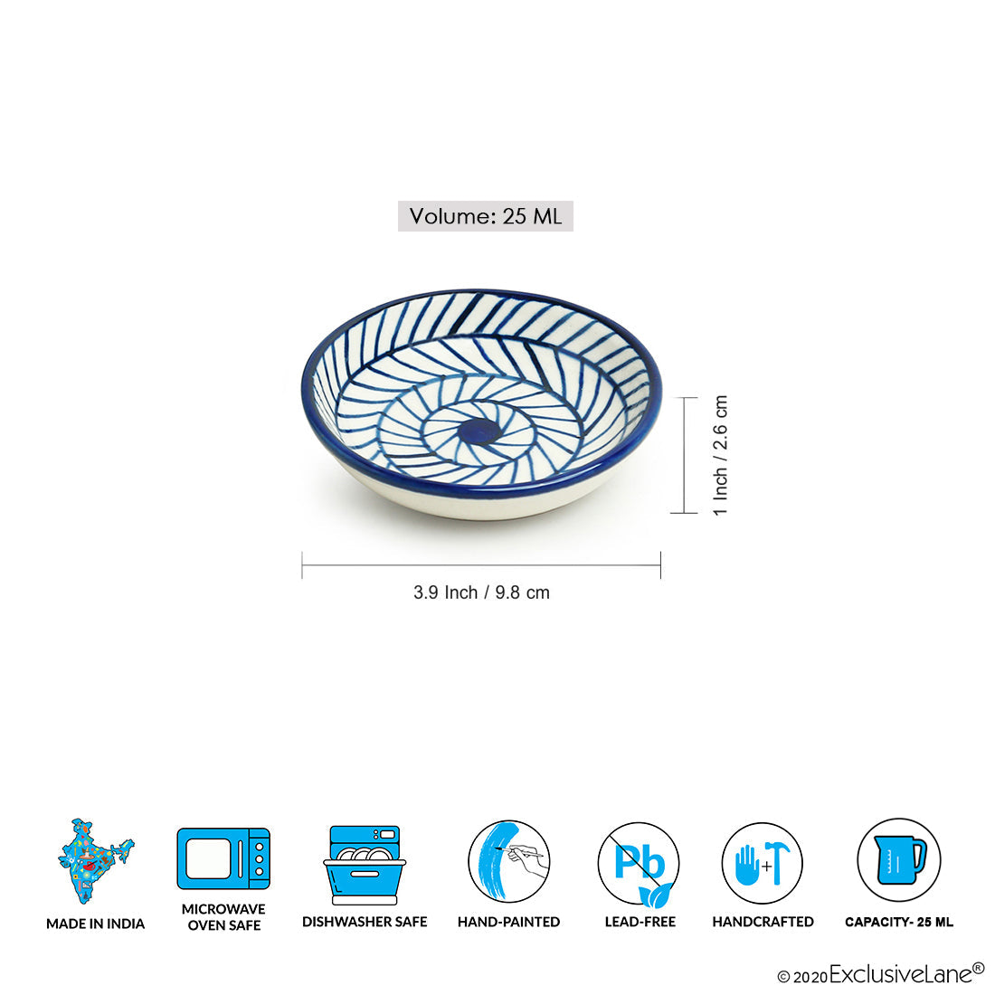 Blue - 'Indigo Chevron' Handpainted Ceramic Chutney Bowls (Set of 4, 25 ML, Microwave Safe)