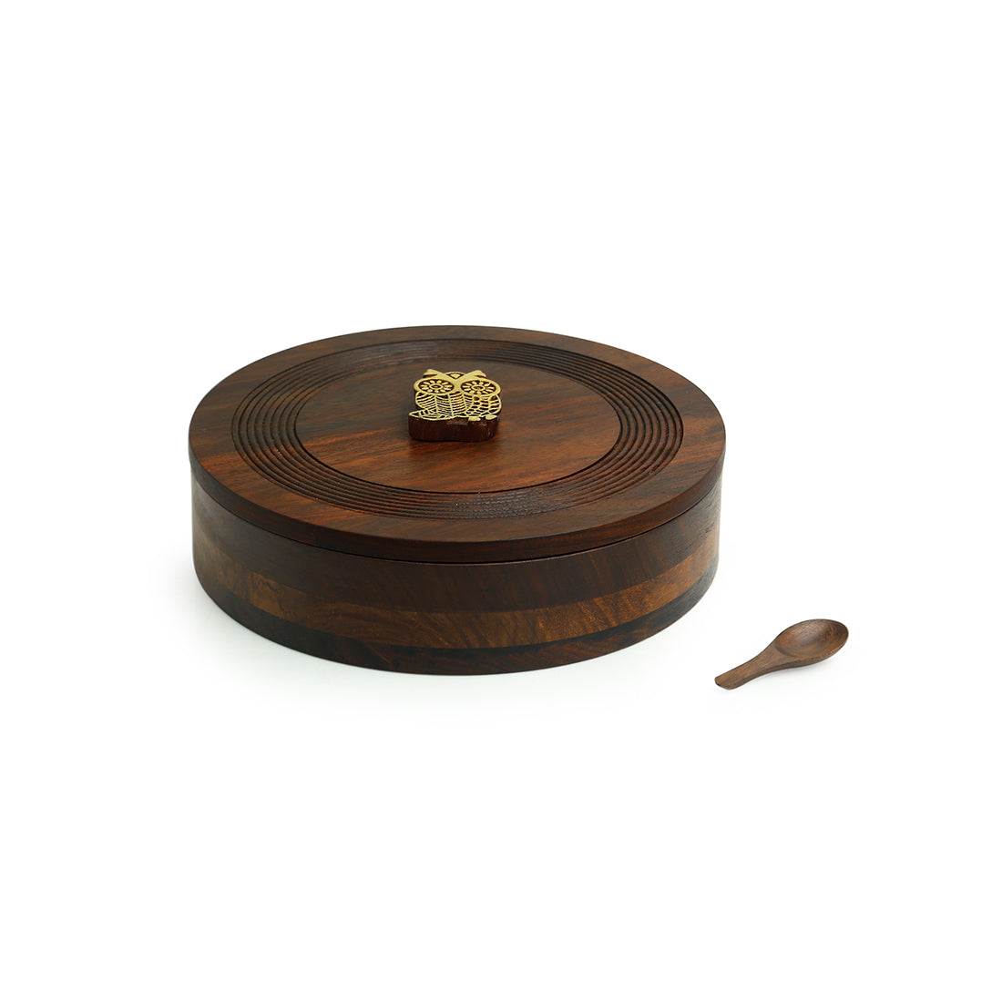 'Mystic Owl Block' Hand Carved Spice Box With Spoon In Sheesham Wood (7 Compartments, 80 ML)