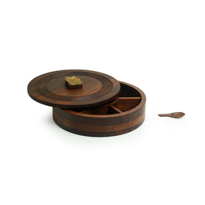 'Mystic Owl Block' Hand Carved Spice Box With Spoon In Sheesham Wood (7 Compartments, 80 ML)