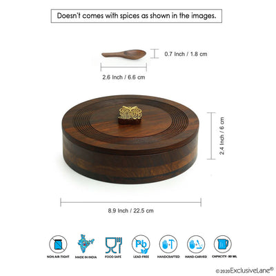 'Mystic Owl Block' Hand Carved Spice Box With Spoon In Sheesham Wood (7 Compartments, 80 ML)
