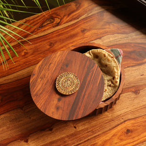'Floral Block' Hand Carved Salad & Chapati Box In Sheesham Wood