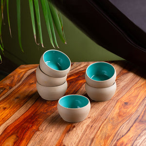 'Earthen Turquoise' Hand Glazed Dining Bowl Katoris In Ceramic (Set of 6, 180 ML, Microwave Safe)