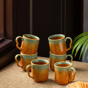 'Peacock Boulevard' Hand-Engraved Ceramic Coffee & Tea Cups (Set of 6, 180 ML, Microwave Safe)