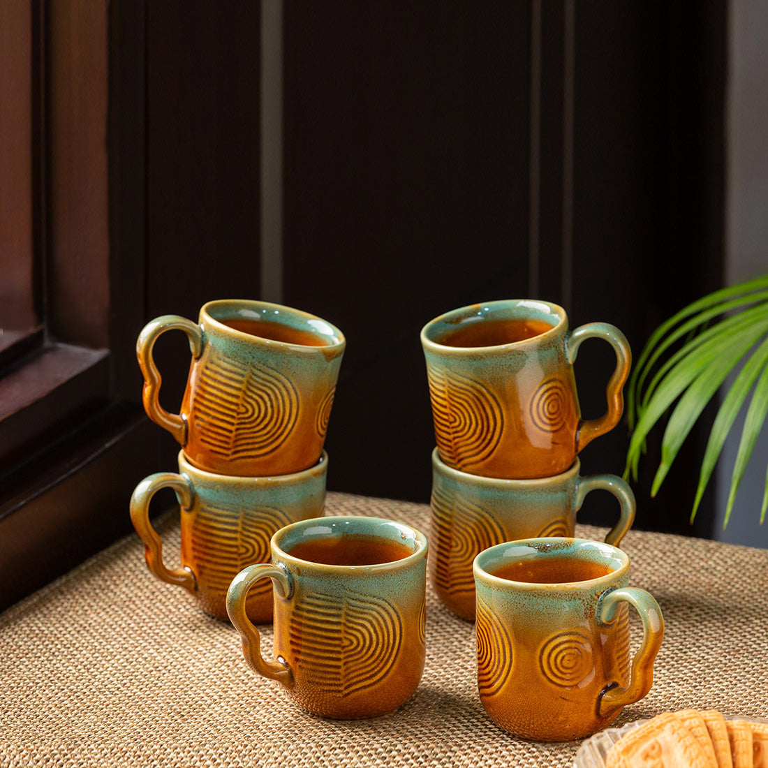 'Peacock Boulevard' Hand-Engraved Ceramic Coffee & Tea Cups (Set of 6, 180 ML, Microwave Safe)