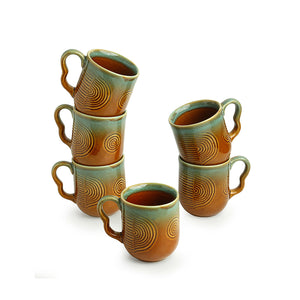 'Peacock Boulevard' Hand-Engraved Ceramic Coffee & Tea Cups (Set of 6, 180 ML, Microwave Safe)