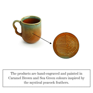 'Peacock Boulevard' Hand-Engraved Ceramic Coffee & Tea Cups (Set of 6, 180 ML, Microwave Safe)