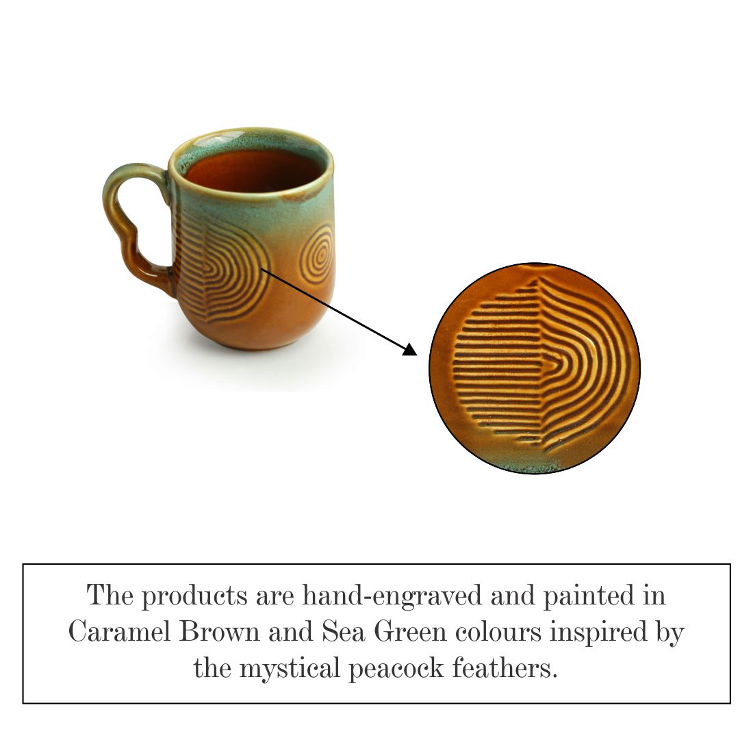 'Peacock Boulevard' Hand-Engraved Ceramic Coffee & Tea Cups (Set of 6, 180 ML, Microwave Safe)