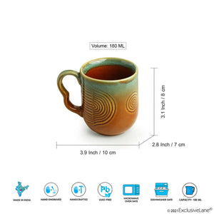 'Peacock Boulevard' Hand-Engraved Ceramic Coffee & Tea Cups (Set of 6, 180 ML, Microwave Safe)