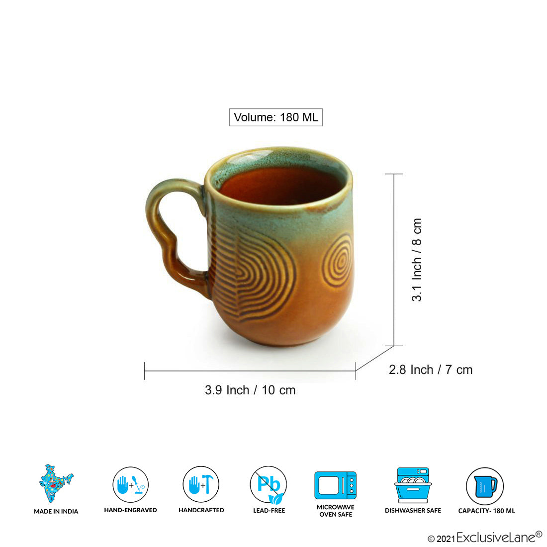 'Peacock Boulevard' Hand-Engraved Ceramic Coffee & Tea Cups (Set of 6, 180 ML, Microwave Safe)