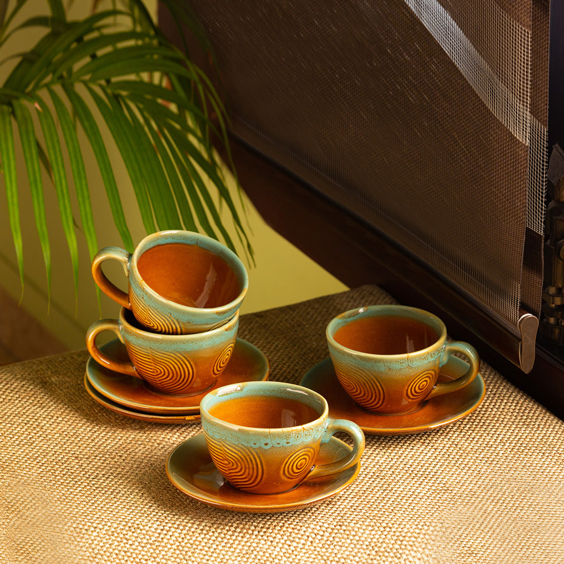 'Peacock Boulevard' Hand-Engraved Ceramic Tea Cups & Saucers (Set of 4, 180 ML, Microwave Safe)