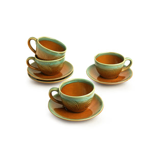 'Peacock Boulevard' Hand-Engraved Ceramic Tea Cups & Saucers (Set of 4, 180 ML, Microwave Safe)