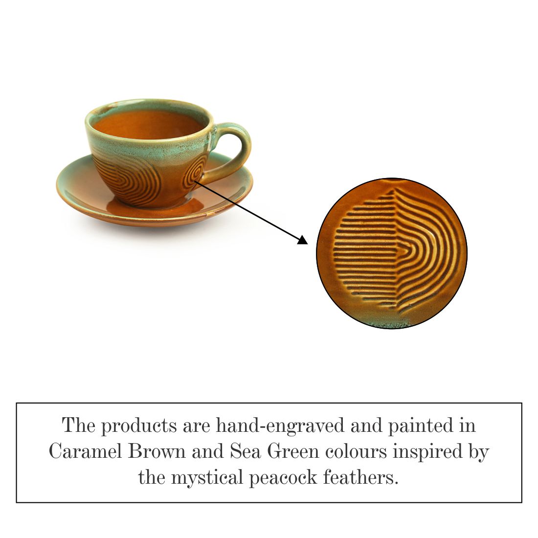 'Peacock Boulevard' Hand-Engraved Ceramic Tea Cups & Saucers (Set of 4, 180 ML, Microwave Safe)