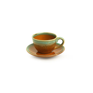 'Peacock Boulevard' Hand-Engraved Ceramic Tea Cups & Saucers (Set of 4, 180 ML, Microwave Safe)