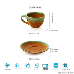 'Peacock Boulevard' Hand-Engraved Ceramic Tea Cups & Saucers (Set of 4, 180 ML, Microwave Safe)