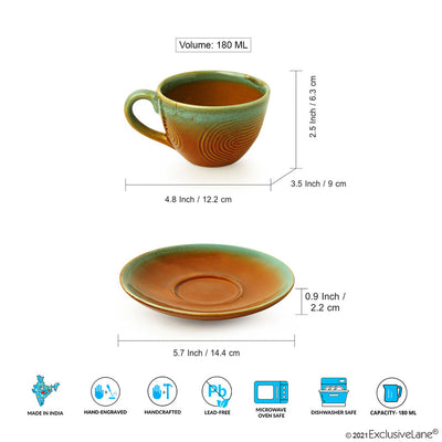 'Peacock Boulevard' Hand-Engraved Ceramic Tea Cups & Saucers (Set of 4, 180 ML, Microwave Safe)