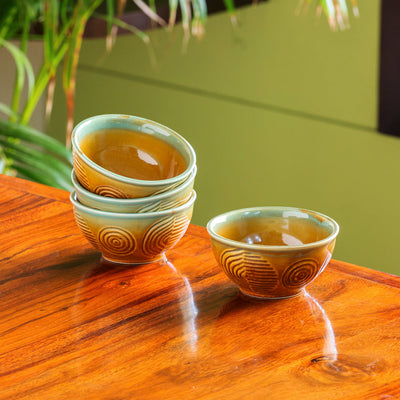 Brown 'Peacock Boulevard' Hand-Engraved Ceramic Dining Bowl Katoris (Set of 4, 200 ML, Microwave Safe)