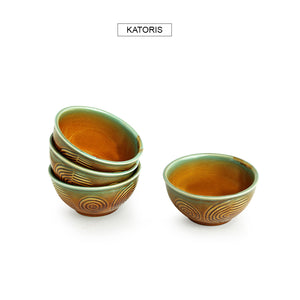 Brown 'Peacock Boulevard' Hand-Engraved Ceramic Dining Bowl Katoris (Set of 4, 200 ML, Microwave Safe)