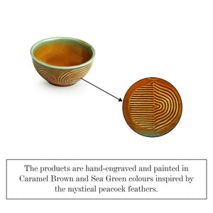 Brown 'Peacock Boulevard' Hand-Engraved Ceramic Dining Bowl Katoris (Set of 4, 200 ML, Microwave Safe)
