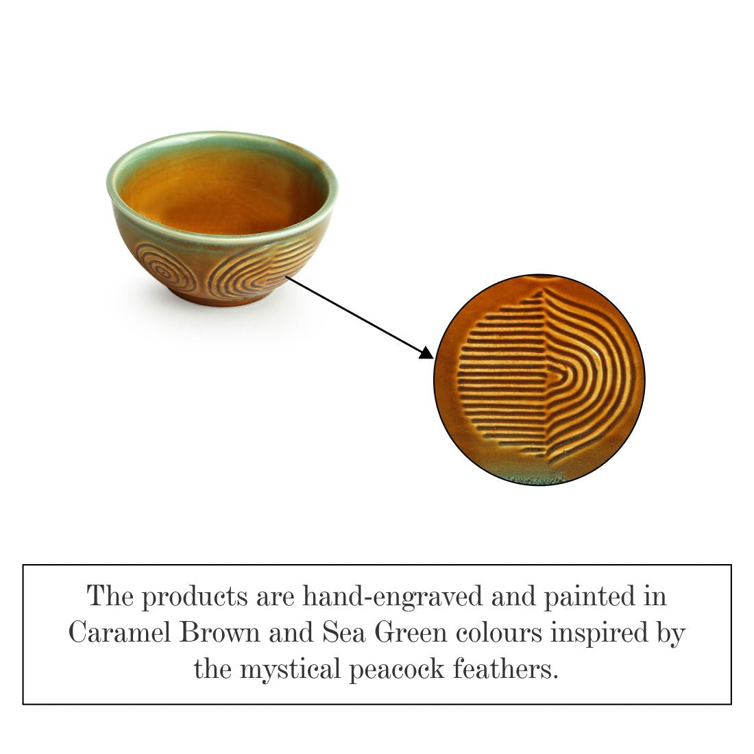 Brown 'Peacock Boulevard' Hand-Engraved Ceramic Dining Bowl Katoris (Set of 4, 200 ML, Microwave Safe)