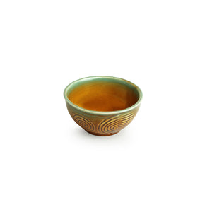 Brown 'Peacock Boulevard' Hand-Engraved Ceramic Dining Bowl Katoris (Set of 4, 200 ML, Microwave Safe)