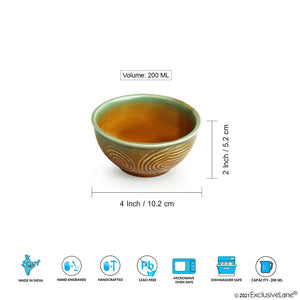 Brown 'Peacock Boulevard' Hand-Engraved Ceramic Dining Bowl Katoris (Set of 4, 200 ML, Microwave Safe)