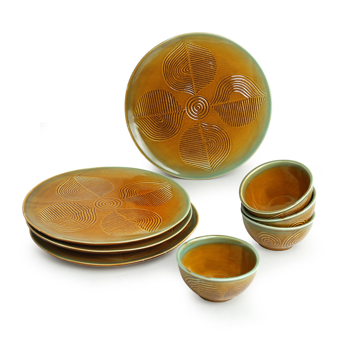 'Peacock Boulevard' Hand-Engraved Ceramic Dinner Plates With Katoris (8 Pieces, Serving for 4, Microwave Safe)