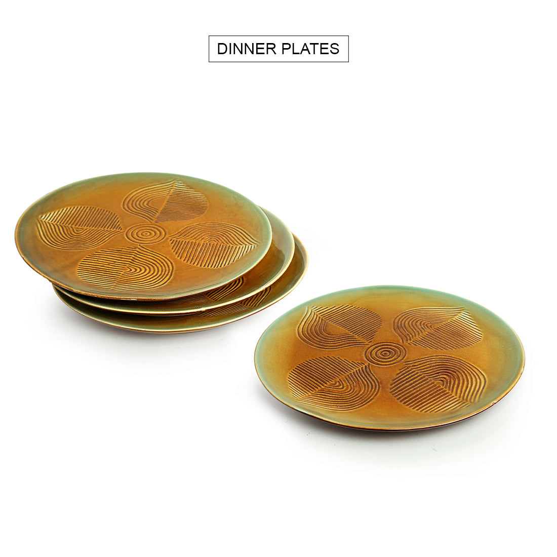 'Peacock Boulevard' Hand-Engraved Ceramic Dinner Plates With Katoris (8 Pieces, Serving for 4, Microwave Safe)