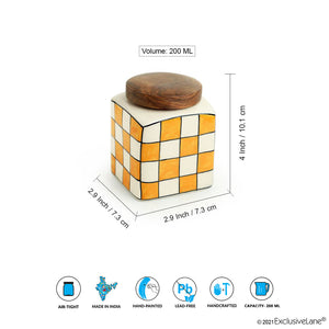 'Shatranj Checkered' Handpainted Multi-Purpose Storage Jars & Containers in Ceramic (Airtight, Set of 2, 200 ML, 4 Inch)