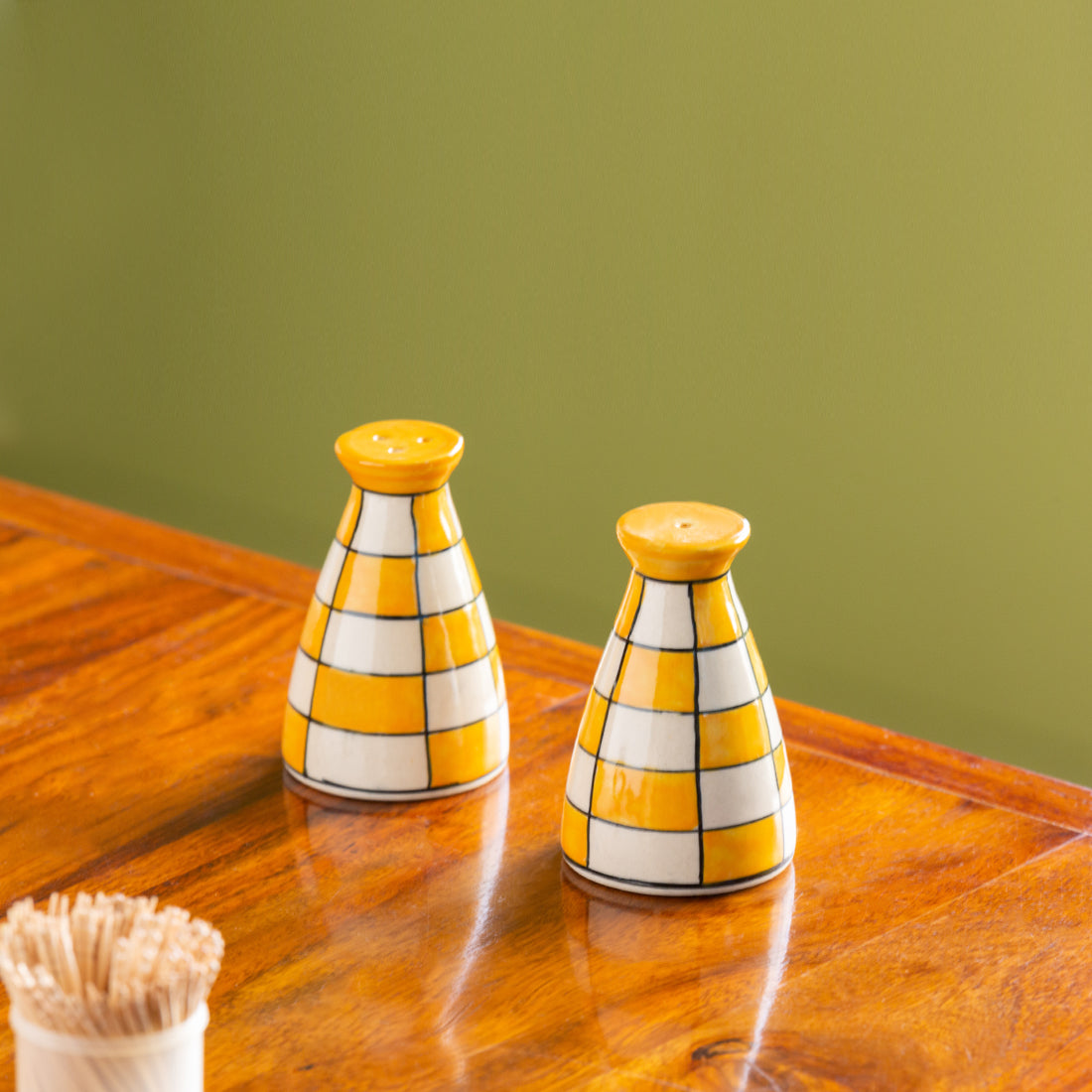 'Shatranj Checkered' Handpainted Salt & Pepper Shakers In Ceramic (Set of 2, 70 ML)
