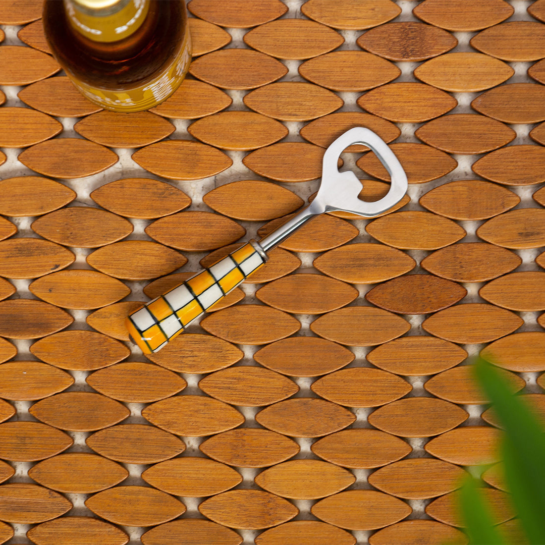 'Shatranj Checkered' Handpainted Bottle Opener In Stainless Steel & Ceramic