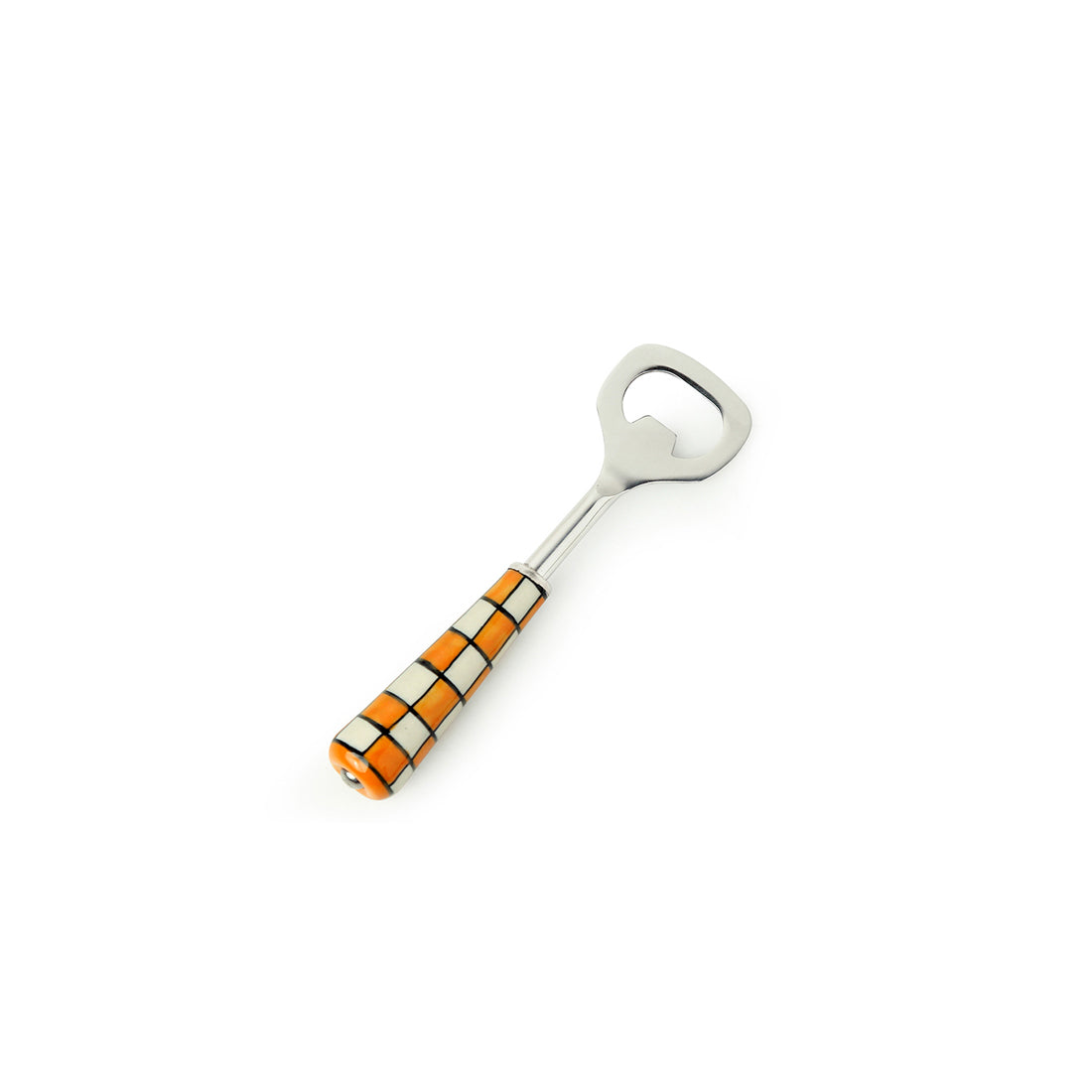 'Shatranj Checkered' Handpainted Bottle Opener In Stainless Steel & Ceramic