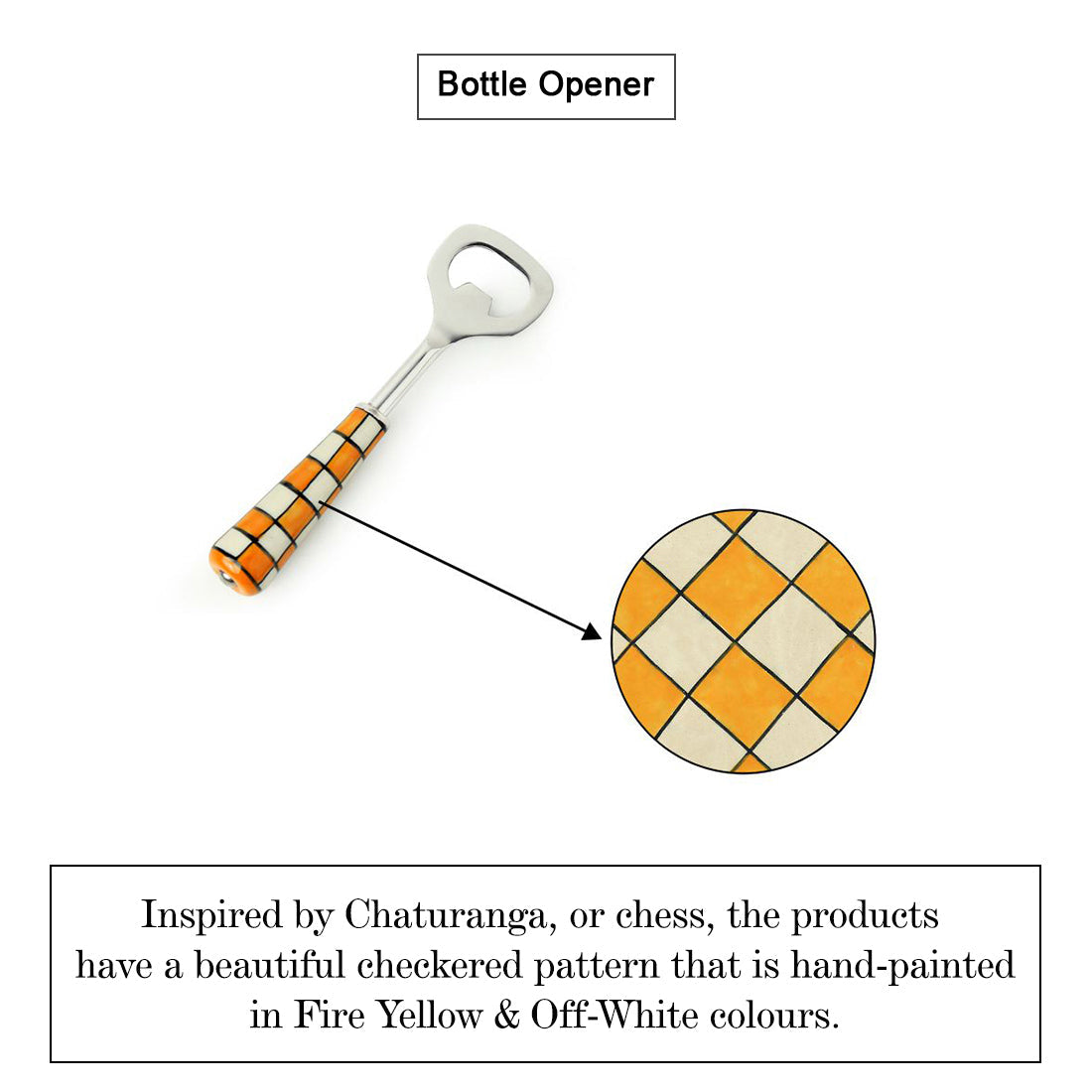 'Shatranj Checkered' Handpainted Bottle Opener In Stainless Steel & Ceramic