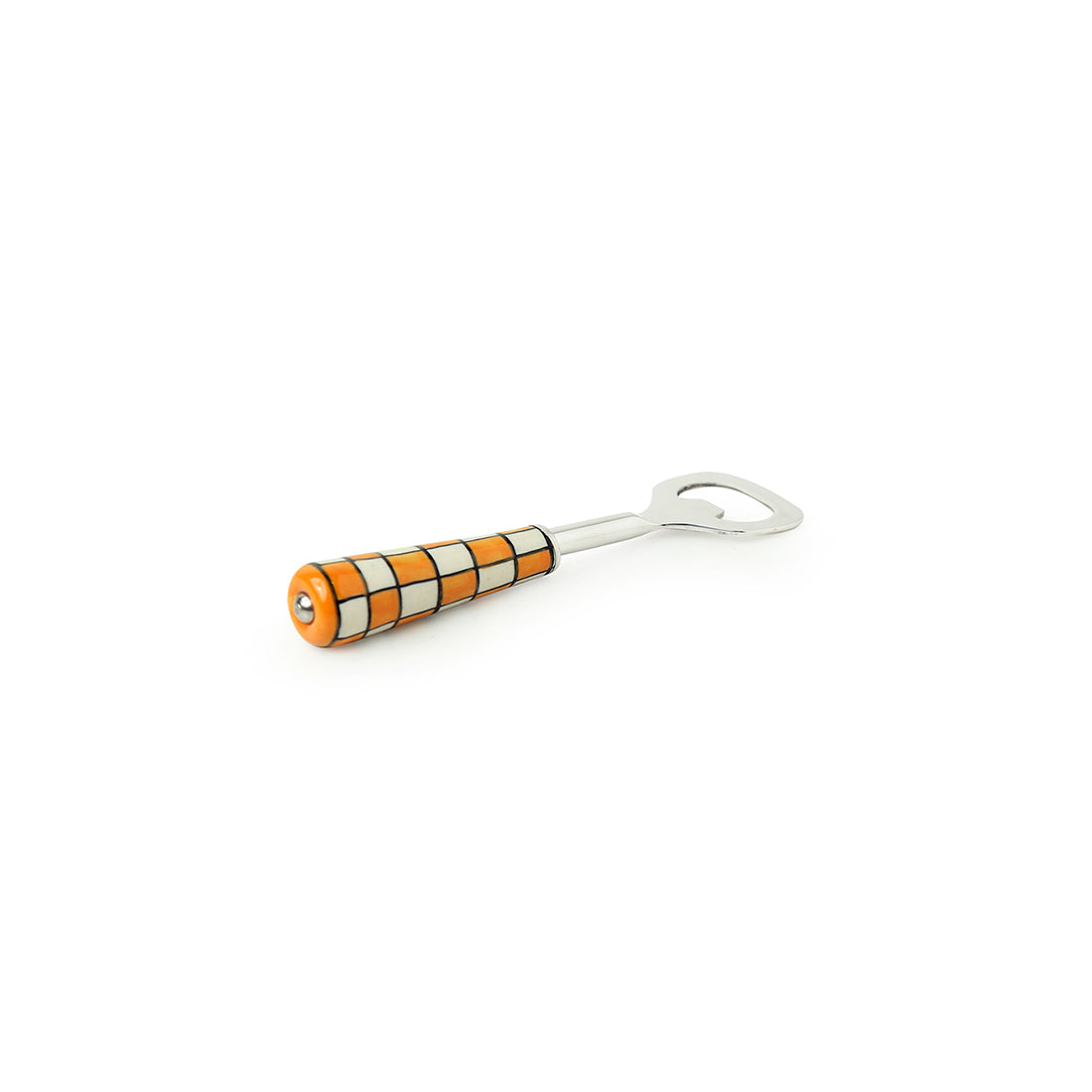 'Shatranj Checkered' Handpainted Bottle Opener In Stainless Steel & Ceramic