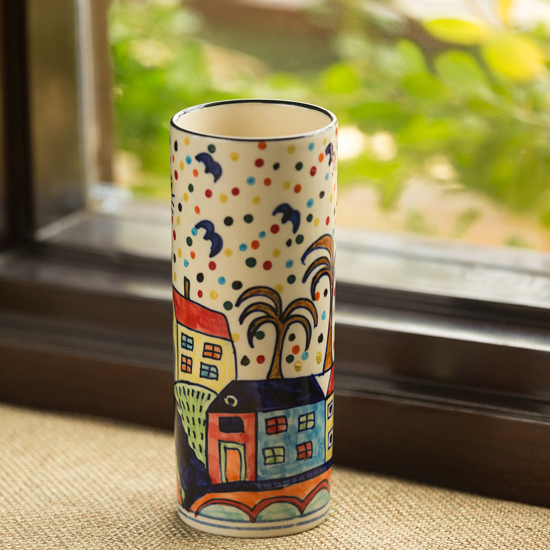 'The Hut Straight' Handpainted Ceramic Vase (8 Inch)