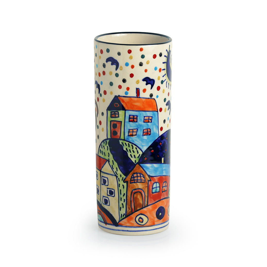 'The Hut Straight' Handpainted Ceramic Vase (8 Inch)