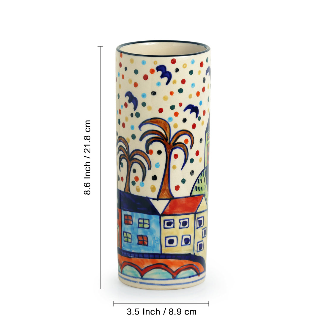 'The Hut Straight' Handpainted Ceramic Vase (8 Inch)