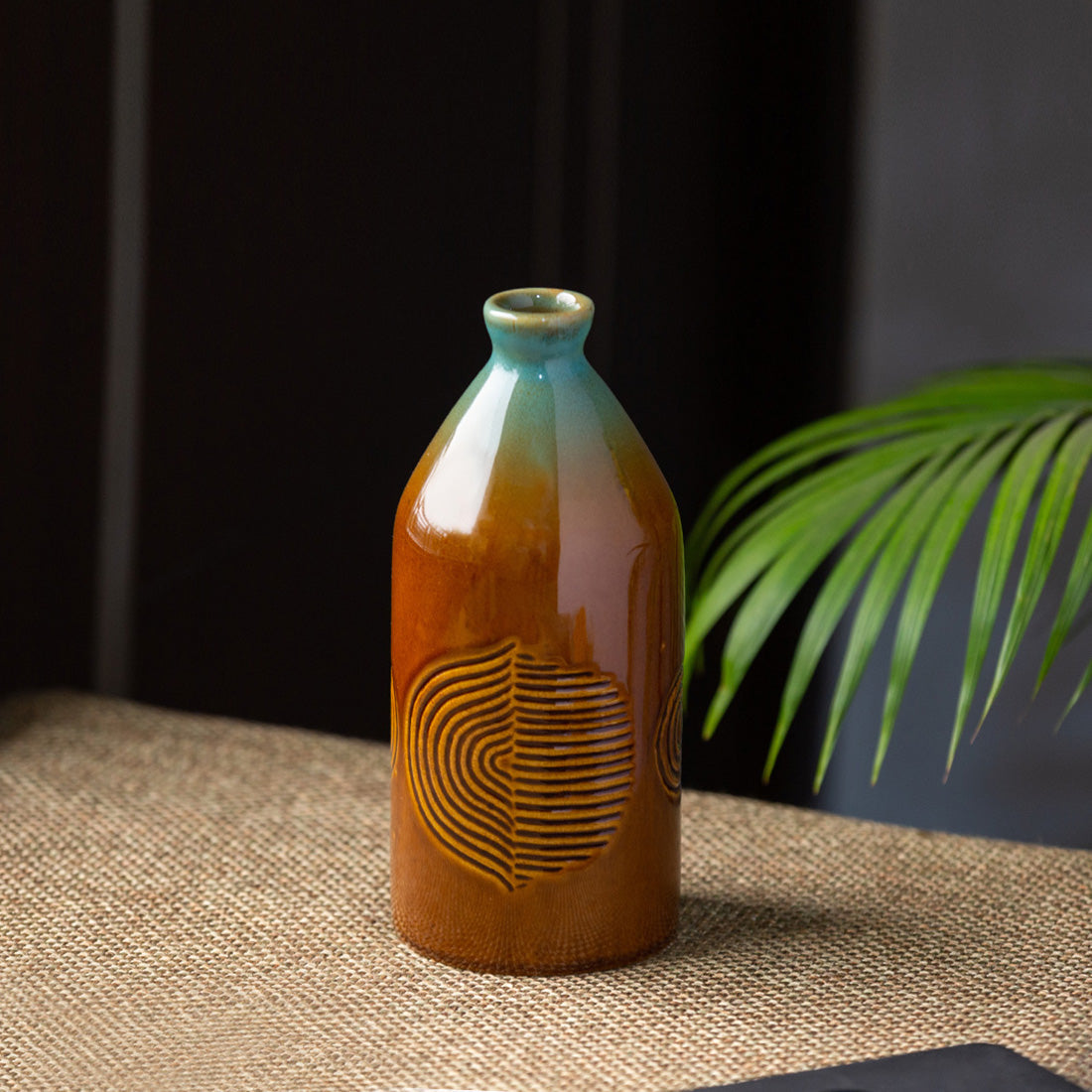 'Peacock Boulevard' Hand-Engraved Ceramic Vase (8 Inch)