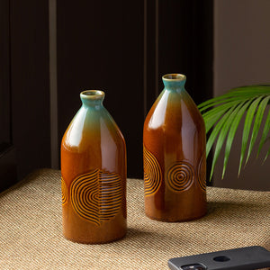 'Peacock Boulevard' Hand-Engraved Ceramic Vases (Set of 2, 8 Inch)