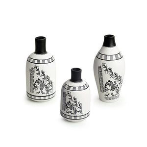 'The Warli Tales' Handpainted Terracotta Vases (Set of 3, White)
