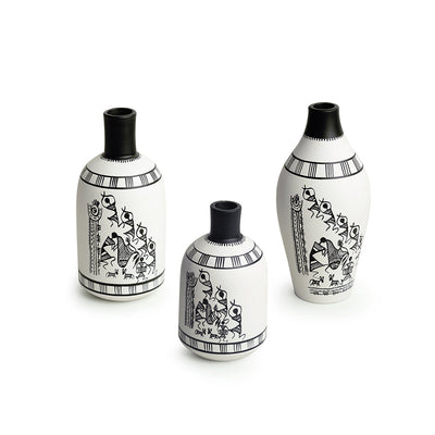 'The Warli Tales' Handpainted Terracotta Vases (Set of 3, White)