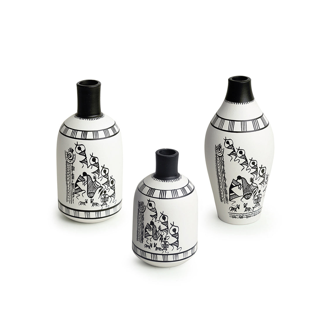 'The Warli Tales' Handpainted Terracotta Vases (Set of 3, White)