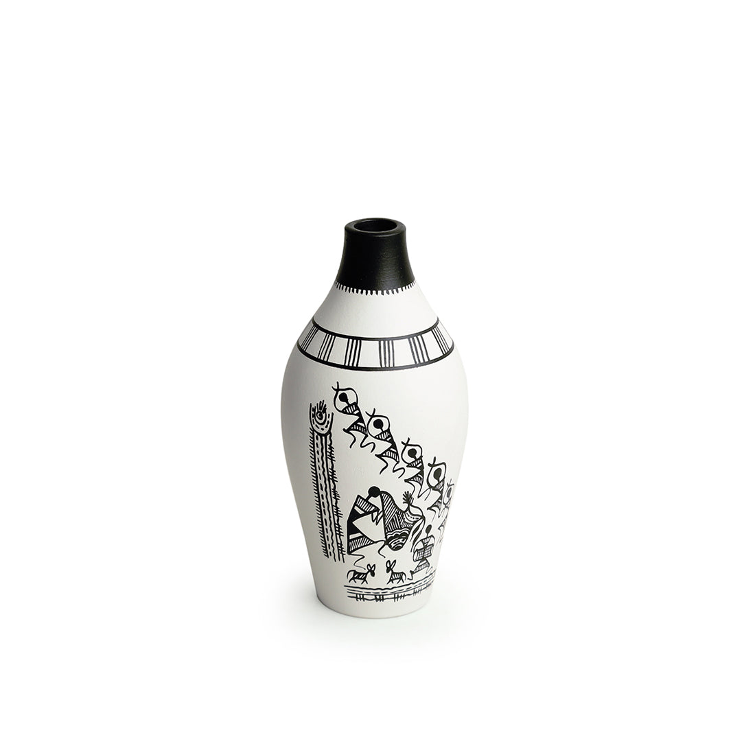 'The Warli Tales' Handpainted Terracotta Vases (Set of 3, White)