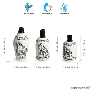 'The Warli Tales' Handpainted Terracotta Vases (Set of 3, White)